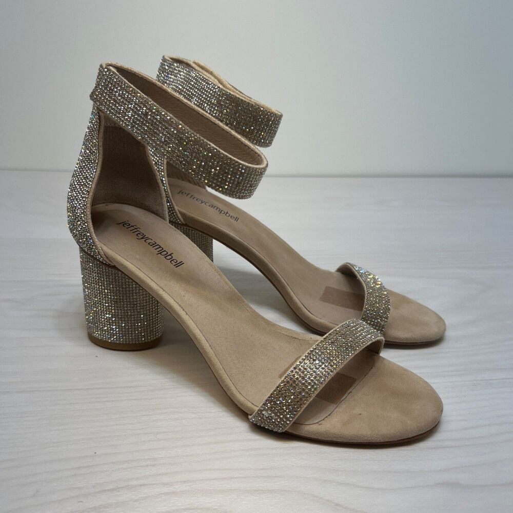 Jeffrey Campbell LAURA Rhinestone Bling Wedding Block Heel Open Toe Sandals 8